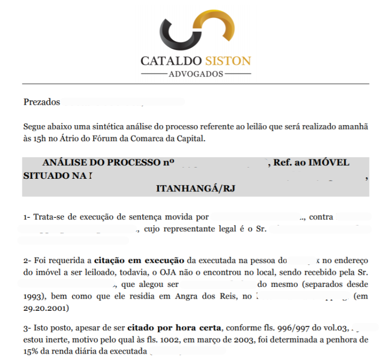 Exemplo de processo analisado pelo escritório Cataldo Siston